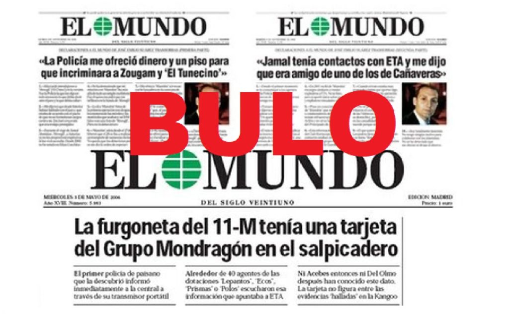 Trozos de portadas de El Mundo difundiendo bulos sobre los atentados del metro del 11M en 2004. Autor y Fuente: Maldita.es, 2020 (CC BY-SA 3.0.)