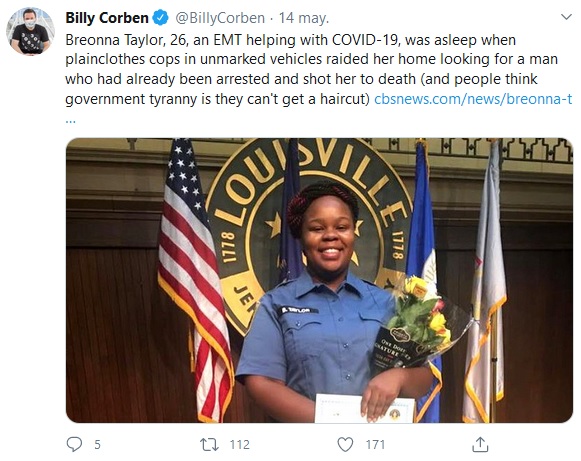 Tuit de Billy Corben hablando del asesinato de Breonna Taylor.