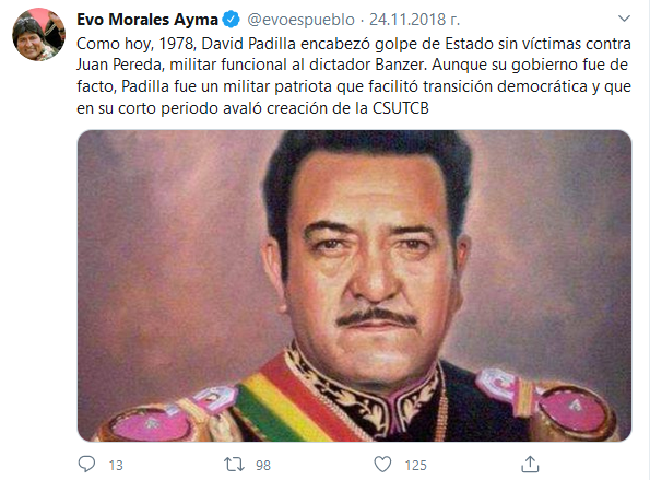 Tuit de Evo Morales el 24-11-2018 sobre David Padilla https://twitter.com/evoespueblo/status/1066276586020835328
