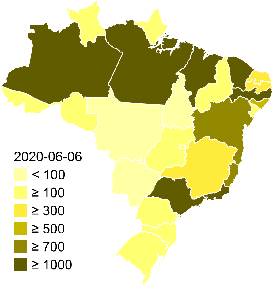 6 - Mapa del coronavirus de Brasil. Camilo C. Branco. 29/01/2020 (actualizado a 0606/2020). CC BY-SA 3.0. https://es.m.wikipedia.org/wiki/Archivo:Coronavirus_Brazil_map.svg