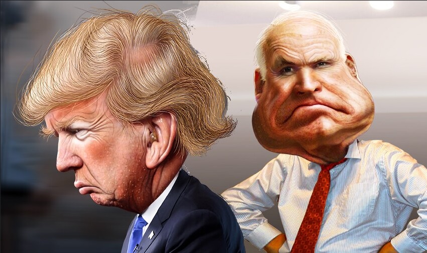Donald Trump and John McCain caricatures created by DonkeyHotey, assembled, cropped and resized by @JonMarkDraws under the Attribution-ShareAlike 2.0 Generic (CC BY-SA 2.0) license.
