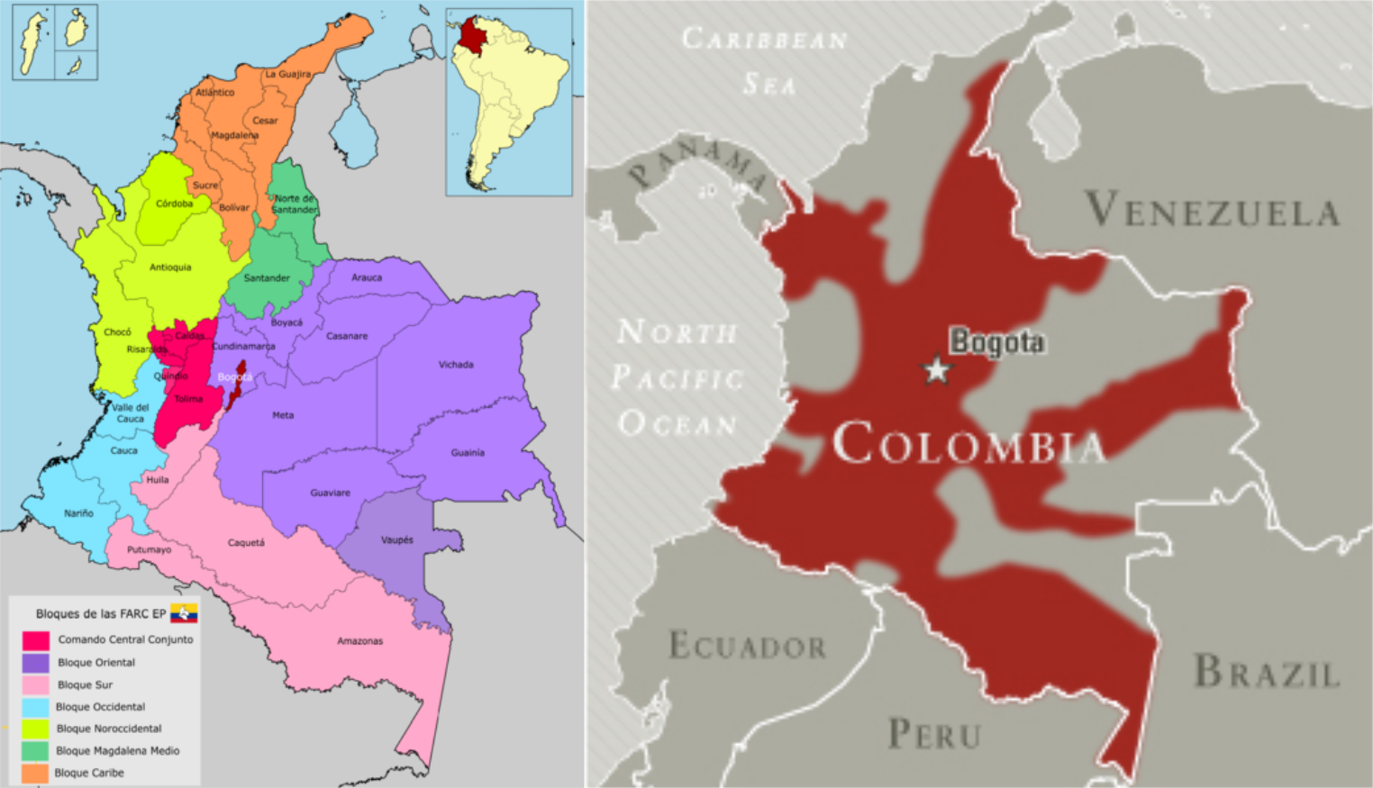 División de los bloques de las FARC y su área de influencia.