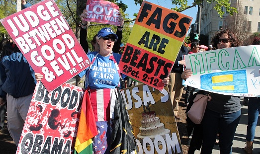 Westboro Baptist Church GOD HATES FAGS opponents to same-sex marriages demonstration at US Supreme Court on First Street near Maryland Avenue, NE, Washington DC on Tuesday morning, 28 April 2015 by Elvert Barnes Protest Photography