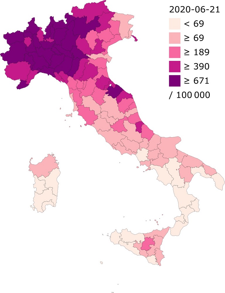 “Casos confirmados de Covid19 por cada 100.000 residente en Italia”. Autor Ythlev, trabajo propio. 22 de marzo de 2020. CCBY SA 4.0 