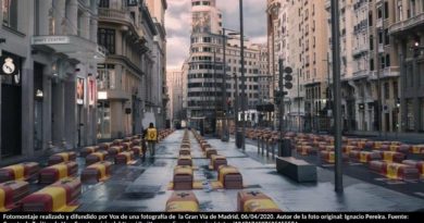 Fotomontaje realizado y difundido por Vox de una fotografía de la Gran Vía de Madrid, 06/04/2020. Autor de la foto original: Ignacio Pereira. Fuente: Cuenta de Twitter de Vox. Fuente original: https://twitter.com/ignaciopereira/status/1247174597625155584