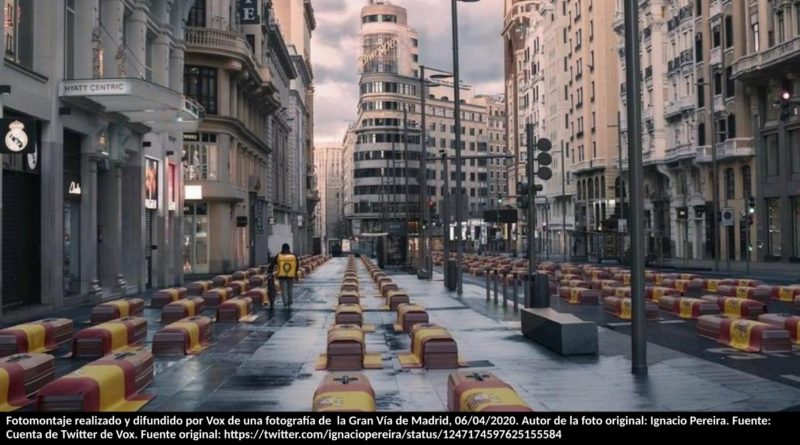 Fotomontaje realizado y difundido por Vox de una fotografía de la Gran Vía de Madrid, 06/04/2020. Autor de la foto original: Ignacio Pereira. Fuente: Cuenta de Twitter de Vox. Fuente original: https://twitter.com/ignaciopereira/status/1247174597625155584