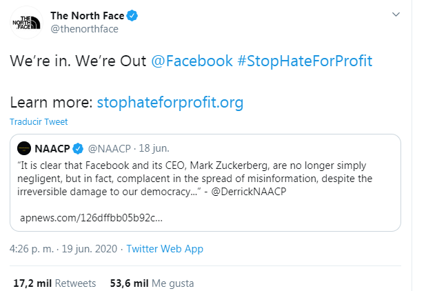 Tweet de North Face adhiriéndose al boicot a facebook. Captura de pantalla realizada el 1/07/2020 a las 09:26. Fuente: Twitter.