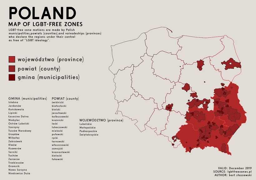 Mapa de las zonas libres LGTB de Polonia