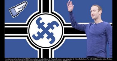 Montaje con la bandera de la NSDAP con motivos característicos de Facebook junto a una fotografía de Mark Zuckerberg Fen el 8 2018 Keynote. Autor: Trabajo propio. Autor original: Anthony Quintano, 30/04/2018. Fuente: Wikimedia Commons (CC BY 2.0.)