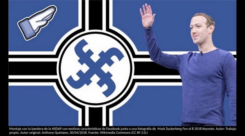 Montaje con la bandera de la NSDAP con motivos característicos de Facebook junto a una fotografía de Mark Zuckerberg Fen el 8 2018 Keynote. Autor: Trabajo propio. Autor original: Anthony Quintano, 30/04/2018. Fuente: Wikimedia Commons (CC BY 2.0.)