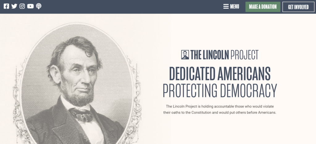 Portada de “The Lincoln Project”. Autor: captura de pantalla tomada el 25/08/2020 a las 17:00. Fuente: lincolnproject.us
