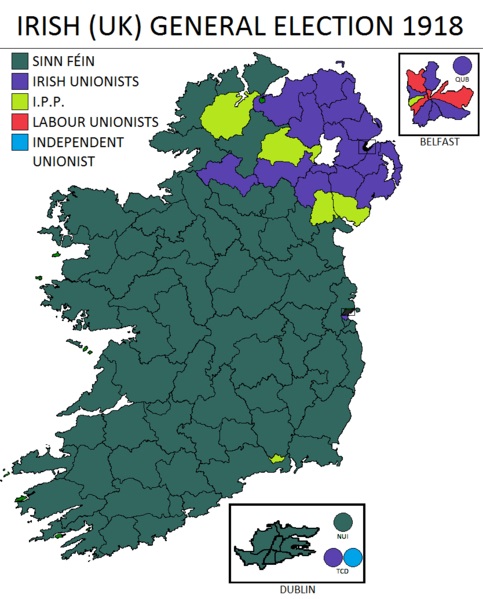 Elecciones generales de Irlanda de 1918, donde el Sinn Féinn ganó en la mayoría de condados, superando al resto de partidos.