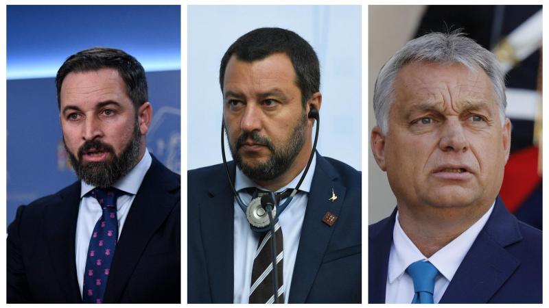De izquierda a derecha: Santiago Abascal (VOX), Matteo Salvini (La Liga) y Viktor Orbán (Fesdz y presidente de Hungría). Fuente: elPlural.