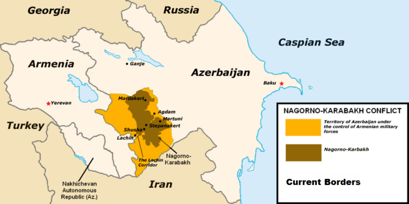 Conflicto entre Armenia y Azerbaiyán. Mapa de Nagorno Karabaj. Autor: Achemish, 15/05/2016. Fuente: Wikimedia Commons. (CC BY-SA 4.0).