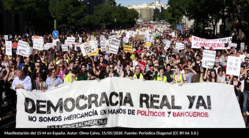 Manifestación del 15-M en España. Autor: Olmo Calvo, 15/05/2020. Fuente: Periódico Diagonal (CC BY-SA 3.0.)