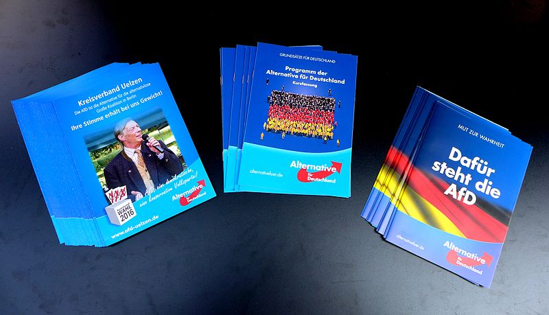 Flyers y folletos del partido ultraderechista Alternativa para Alemania, la extrema derecha en Alemania. Autor: Oxfordian Kissuth, 27/08/2016. Fuente: Wikimedia Commons. (CC BY-SA 3.0).