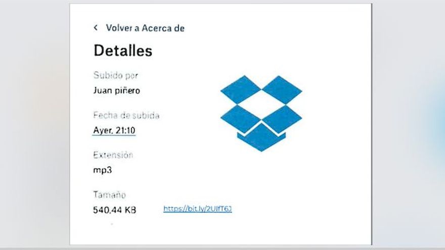Captura de pantalla que muestra los detalles sobre el archivo de Dropbox con el bulo de la ministra de Exteriores. Autor y fuente: ElDiario.es