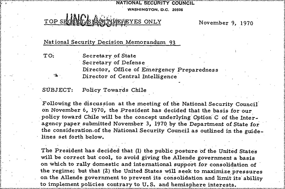 Fracción de los documentos desclasificados por Estados Unidos sobre el golpe a Salvador Allende
