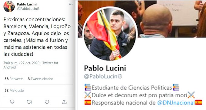 Tweet y Perfil de Pablo Lucini mostrando su implicación con las manifestaciones y su pertenencia a Democracia Nacional. Fuente: Twitter, @PabloLucini3