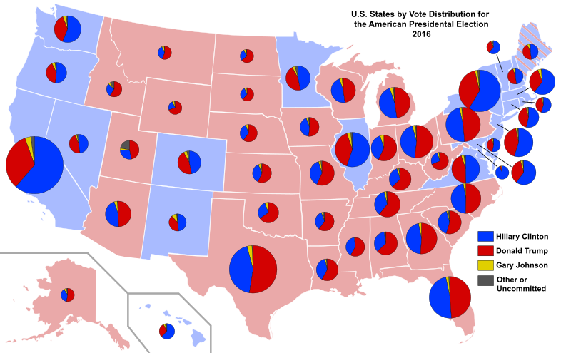 Elección presidencial de 2016 por distribución de votos entre los Estados. El gráfico circular es proporcional al número de colegios electorales de cada Estado. Autor: Ali Zifan, 11/11/2016. Fuente: Wikimedia Commons. (CC BY-SA 4.0).