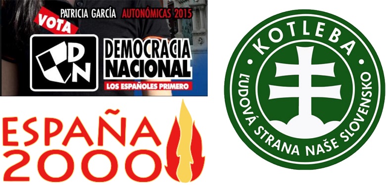 Logos de partido político de extrema derecha junto a sus nombres: Democracia Nacional, España 2000 y Partido Nacional Esloveno.