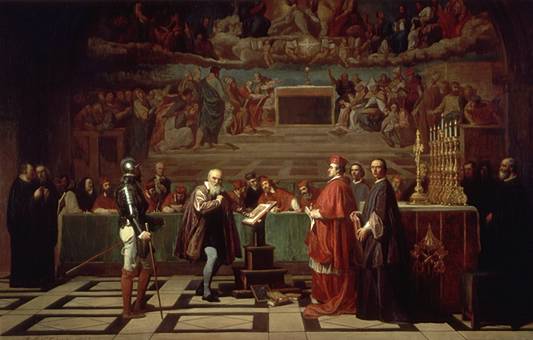 Galileo Galilei antes del Santo Oficio por la Inquisición. Autor: Joseph Nicolas Fleury, siglo XIX. Fuente: library.thinkquest.org