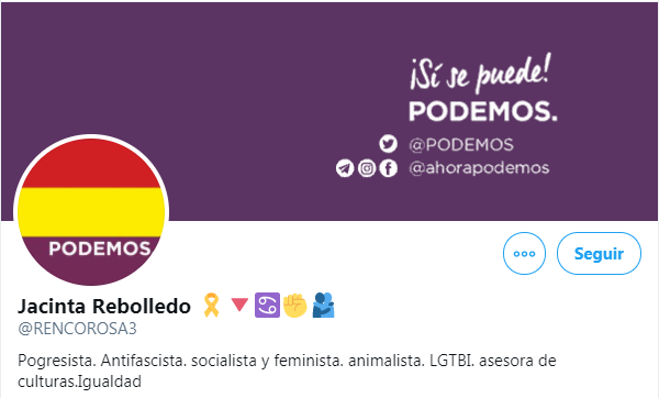 Captura de la portada del perfil fake Jacinta Rebollero. Autor: captura de pantalla hecha el
05/01/2021 a las 16:17. Fuente: Twitter (@rencorosa3)
