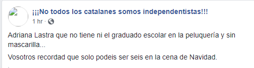 Bulo sobre Adriana Lastra en la peluquería durante la pandemia. Autor: captura de pantalla
hecha el 05/01/2021 a las 16:21. Fuente: Facebook (¡No todos los catalanes somos
independentistas!).