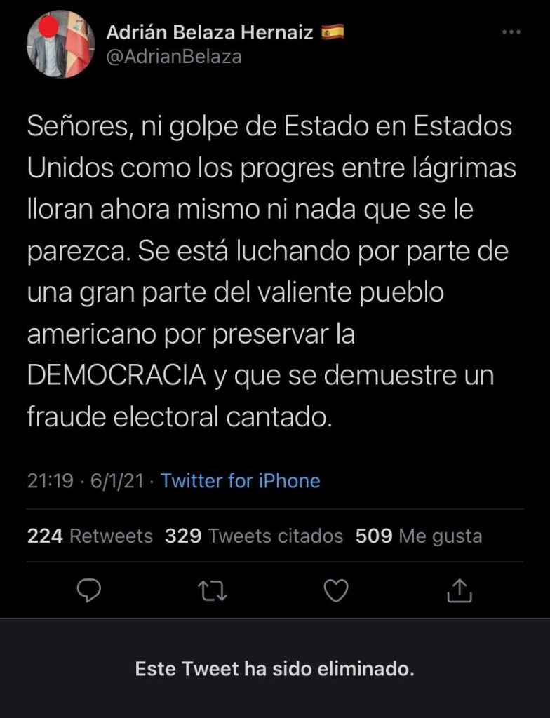 Tweet de Adrián Belaza, candidato de Vox a la alcaldía de Logroño, ya eliminado, defendiendo el asalto al Capitolio de EEUU. Fuente: Twitter