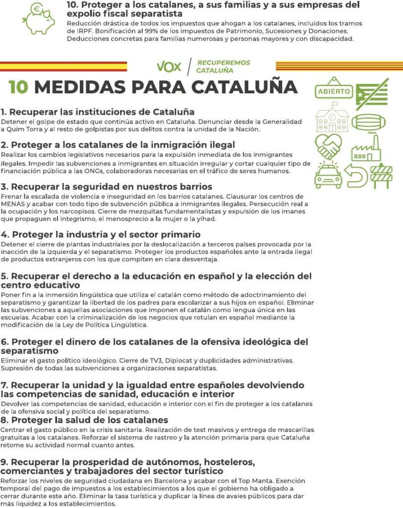 Las 10 medidas de Vox para Cataluña. Autor: Vox España, 30/03/2019. Fuente: es.scribd.com/