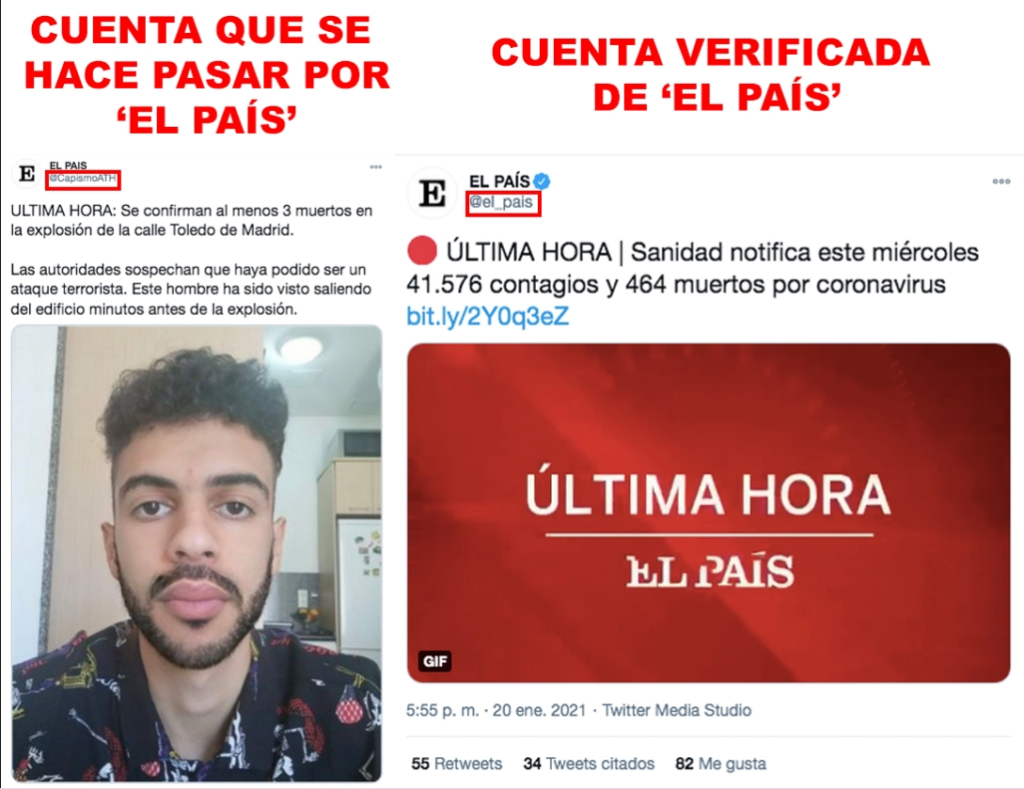 Comparativa sobre la cuenta falsa que promovió el titular y la cuenta real de El País, uno de tantos bulos. Autor: Maldita.es, 21/01/2021. Fuente: Maldita.es (CC BY-SA 3.0 ES).