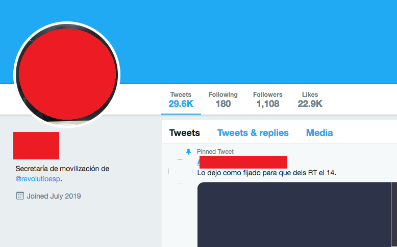 Portada de la cuenta de Twitter de Alejandro Perrera, Revolutio España, ya eliminado. Autor: Captura de pantalla realizada el 14/03/2021 a las 01:46h. Fuente: Caché de Google de Twitter.