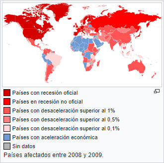 Países afectados por la Gran Recesión en 2008 y 2009. Autor: Felipe Menegaz, 4/03/2009. Fuente: Wikimedia Commons (CC BY-SA 3.0).