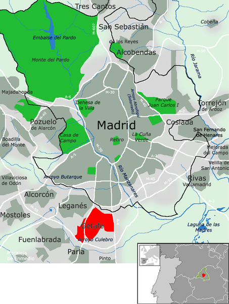 Mapa de Getafe en el área metropolitana de Madrid (España). Autor: Miguel303xm, 14/06/2007. Fuente: Wikimedia Commons (CC BY-SA 2.5)