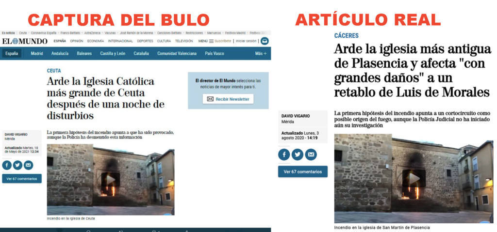 Comparativa entre el artículo falso y el artículo real. Autor: Maldita.es, 17/05/2021. Fuente: Maldita.es (CC BY-SA 3.0 ES).