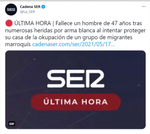 Tuit falsificado haciéndose pasar por la Cadena Ser. Autor: Captura de pantalla realizada el 09/06/2021, a las 18:05h. Fuente: Maldita.es (CC BY-SA 3.0 ES)