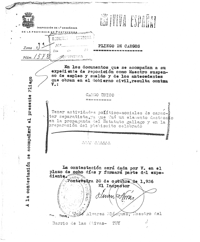 Pliego de cargos contra el profesor José Álvarez Blázquez, 30/09/1936. Fuente: Universidad de A Coruña la lengua de las mariposas