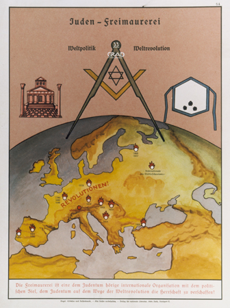El mapa, decorado con símbolos masónicos (templo, plaza y delantal) muestra propaganda alemana de 1935 denunciando la acción de la judeo-masonería en varias revoluciones europeas
