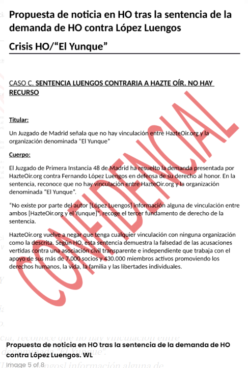 Propuesta de noticia en HO tras la sentencia de la demanda de HO contra López Luengo. Autor: Hazte Oír. Fuente: WikiLeaks.