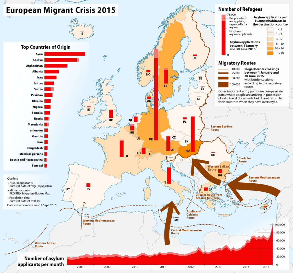 Crisis migratoria europea. Solicitantes de asilo en Europa entre el 1 de enero y el 30 de junio de 2015. Autor:  Maximilian Dörrbecker (Chumwa), 15/09/2021. Fuente: Wikimedia Commons (CC BY-SA 2.0).