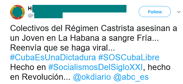 Tuit eliminado sobre los bulos de Cuba. Autor: Captura de pantalla realizada el 15/08/2021 a las 19:13h. Fuente: Cuenta de Twitter @HispanoVox