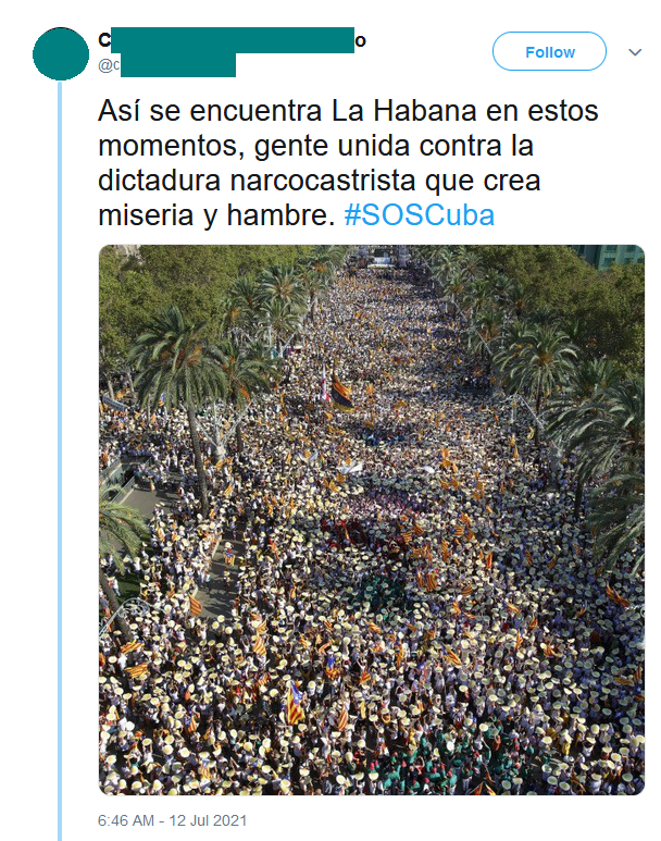 Tuit eliminado. Autor: Captura de pantalla realizada el 15/08/2021 a las 19:45h. Fuente: Cuenta de Twitter @cubanorteamerica