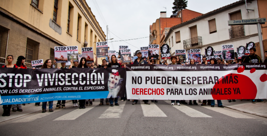 Marcha por el Fin de la Experimentación Animal al criadero de Sant Feliu de Codines (Barcelona). Autor: Equanimal, 22/05/2012. Fuente: Flickr (CC BY-NC-SA 2.0)