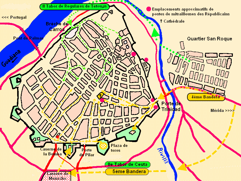 Plan de la toma de Badajoz por las tropas franquistas. Autor: Bertand99, 27/07/2010. Fuente: Wikimedia Commons (CC BY-SA 4.0)