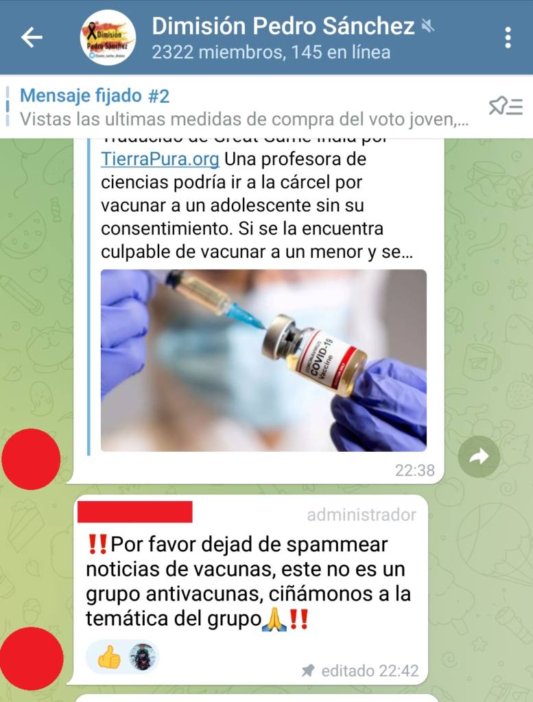Grupo de Telegram "Dimisión Pedro Sánchez". Captura de pantalla realizada el 25/01/2021 a las 9:15h.