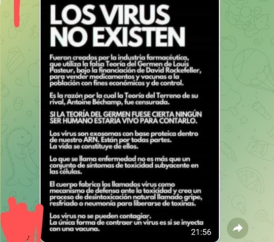 Captura de pantalla de grupo de Telegram conspiraciones sobre la pandemia. Puede verse una visión sobre el origen de los virus que cumple con todos los elementos de una conspiración.