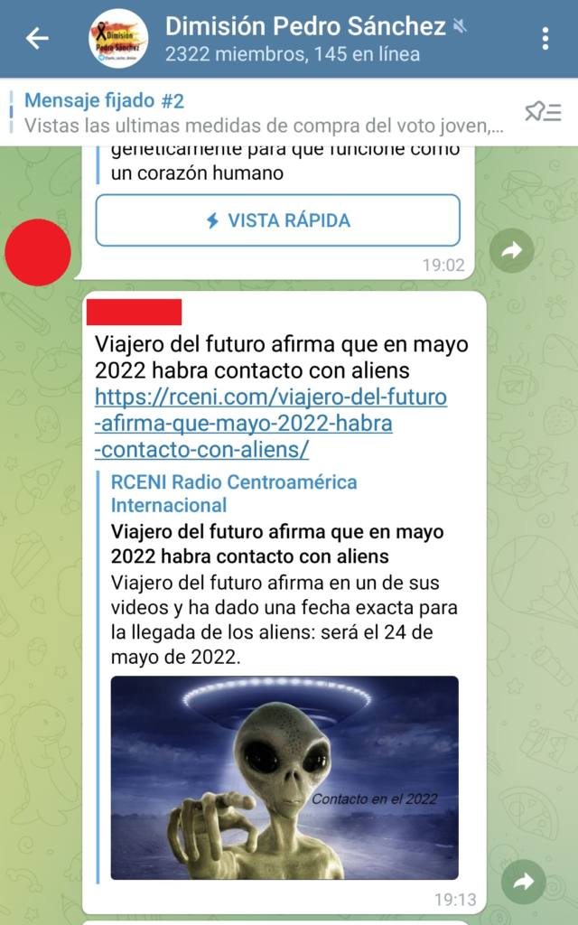  Grupo de Telegram "Dimisión Pedro Sánchez". Captura de pantalla realizada el 25/01/2021 a las 9:18h. 