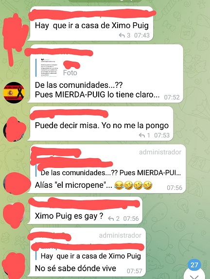 Captura de pantalla de grupo de Telegram conspiraciones sobre la pandemia. Negacionistas hablando de atentar contra el presidente de la Generalitat Valenciana.