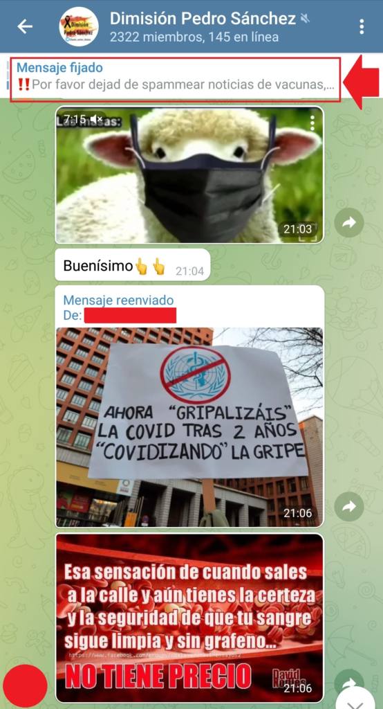   Grupo de Telegram "Dimisión Pedro Sánchez". Captura de pantalla realizada el 25/01/2021 a las 9:20h.  