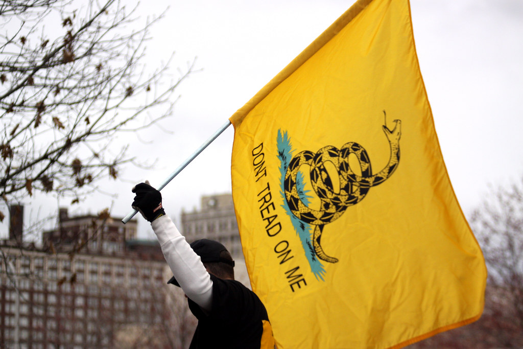Un manifestante libertario sostiene la Bandera de Gansden, uno de los símbolos libertarios más reconocidos. Autor: Gage Skidmore, 22/03/2010. Fuente: Flickr.com (CC BY-SA 2.O) 